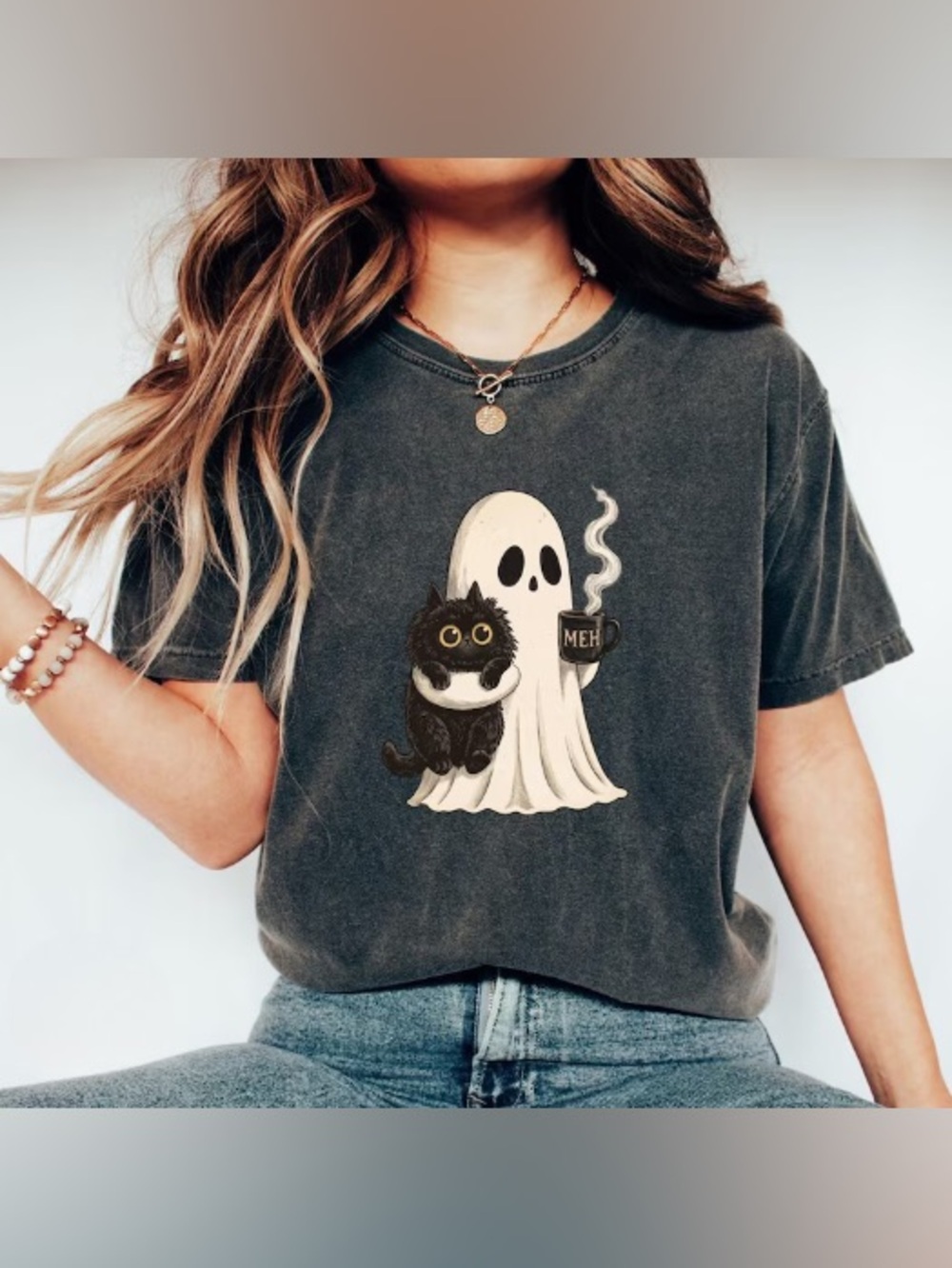 Funny Introvert Ghost Cat Shirt, Spooky Coffee Lover Halloween Graphic Tee